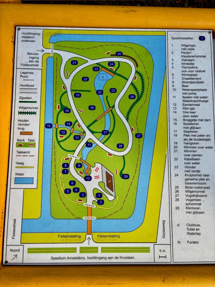 Colorful map of Blijdag playground showing paths, play areas, waterways, and different activities