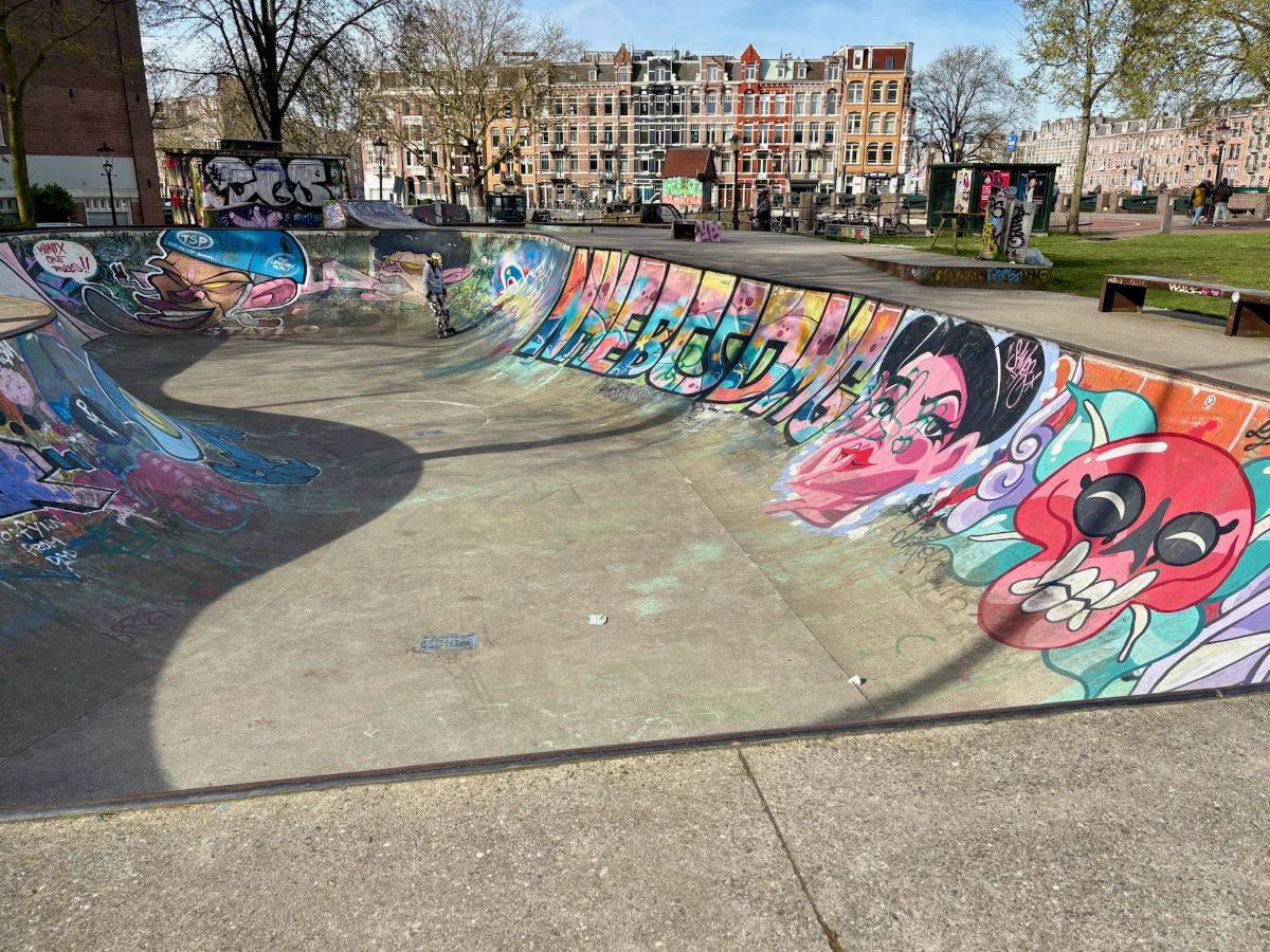Skateboarder on a colorful grafitti-covered skate bowl on a sunny winter day with Dutch canal houses in the distance