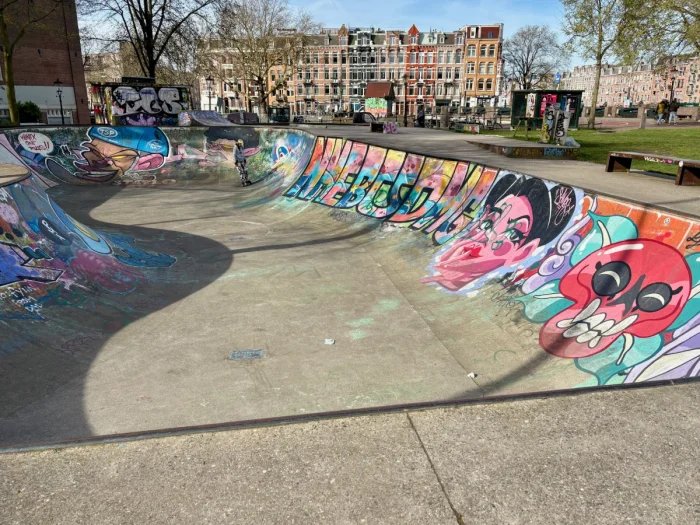 Skateboarder on a colorful grafitti-covered skate bowl on a sunny winter day with Dutch canal houses in the distance