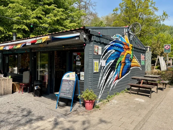 Park cafe with large, colorful exotic bird mural, flags, and christmas lights