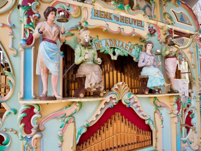 Close up of pastel, ornate Dutch street organ