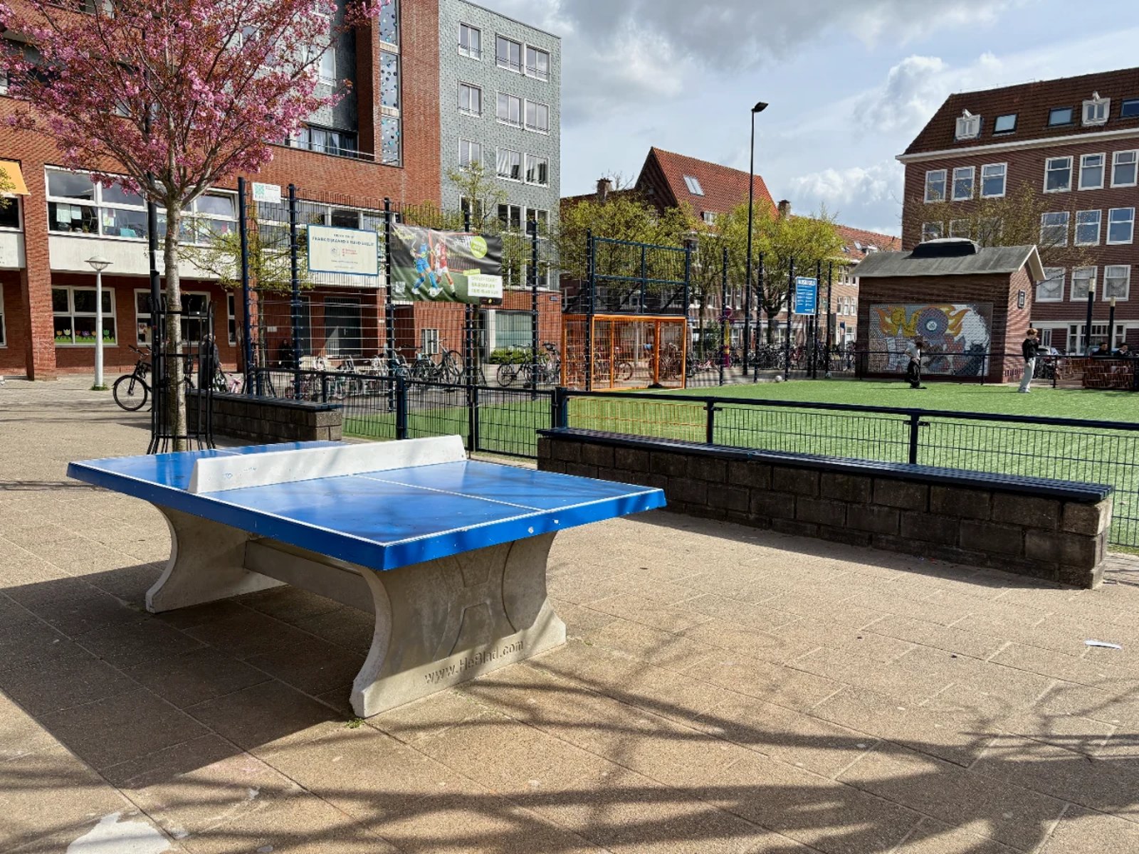 Blue and concrete table tennis table with green-turfed football pitch behind