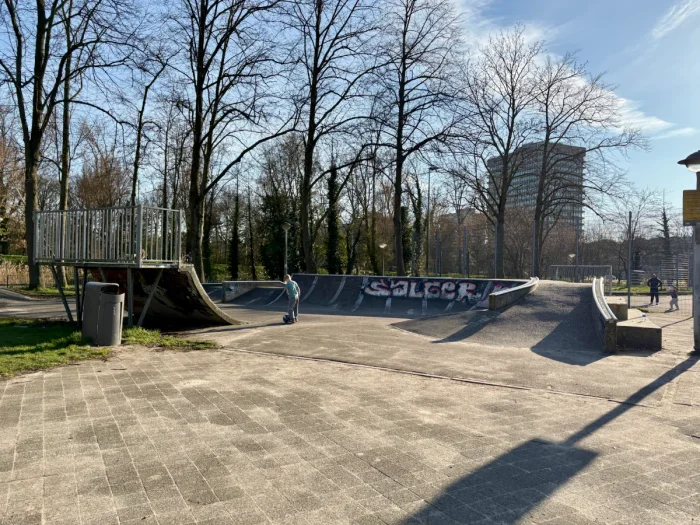 Small concrete skatepark with ramps and trees behind