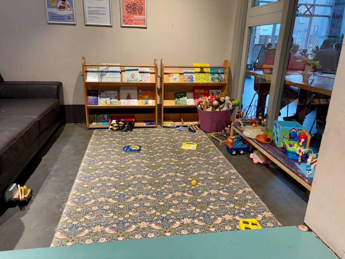 Floral play mat with shelves of books and toys for small children and couches
