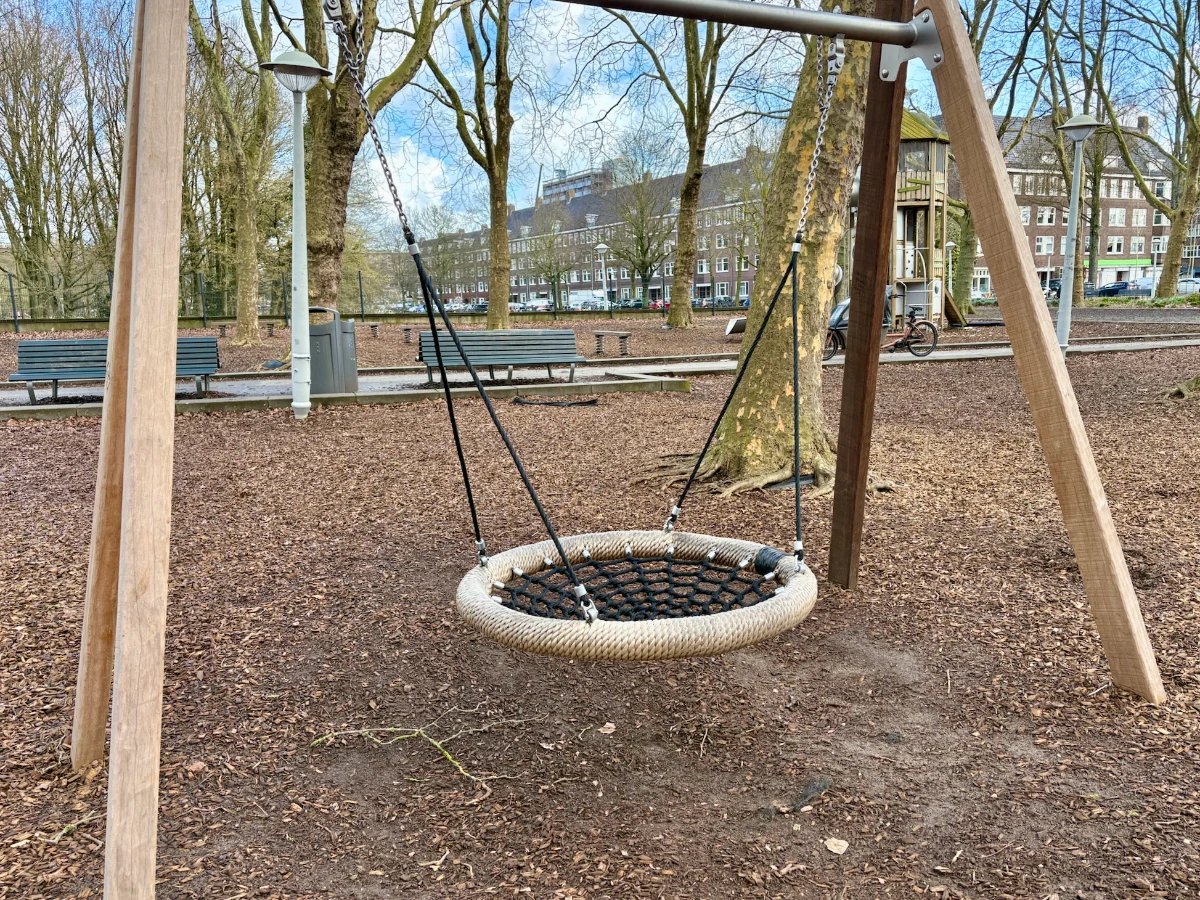 Nest swing on wooden frame in wooded playground