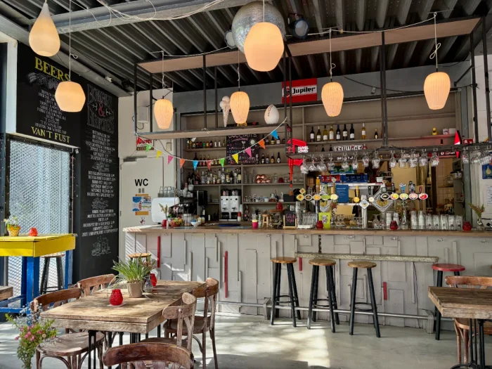 Eclectic cafe interior with wooden table and chairs, wooden bar with beer taps and wall of bottles and round globe lights overhead