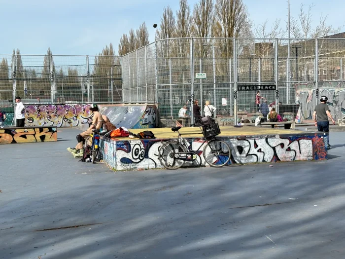 People hanging out at a skatepark with graffiti and fencing around
