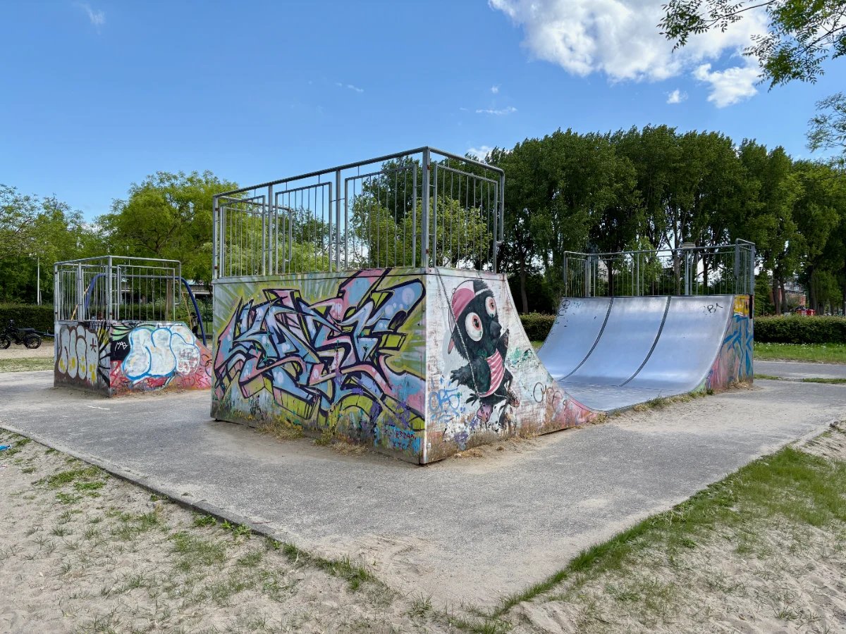 Mini skate park with grafitti-covered half pipe on concrete pad with trees in the distance