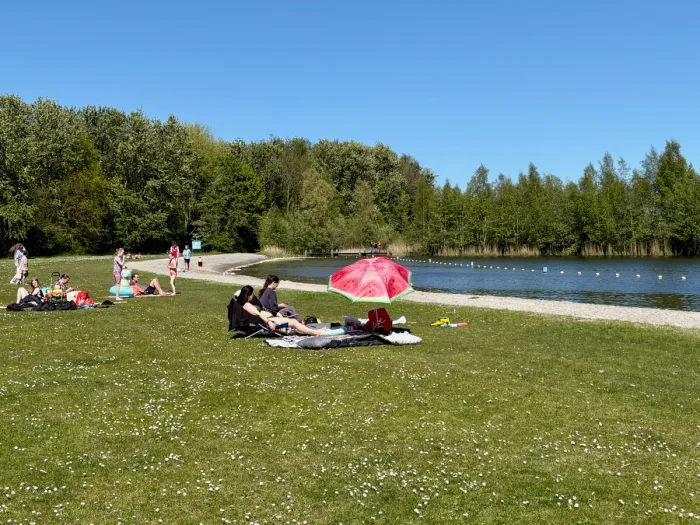 People sunbathing on grassy lawn with watermelon beach umbrella and lake with trees beyond