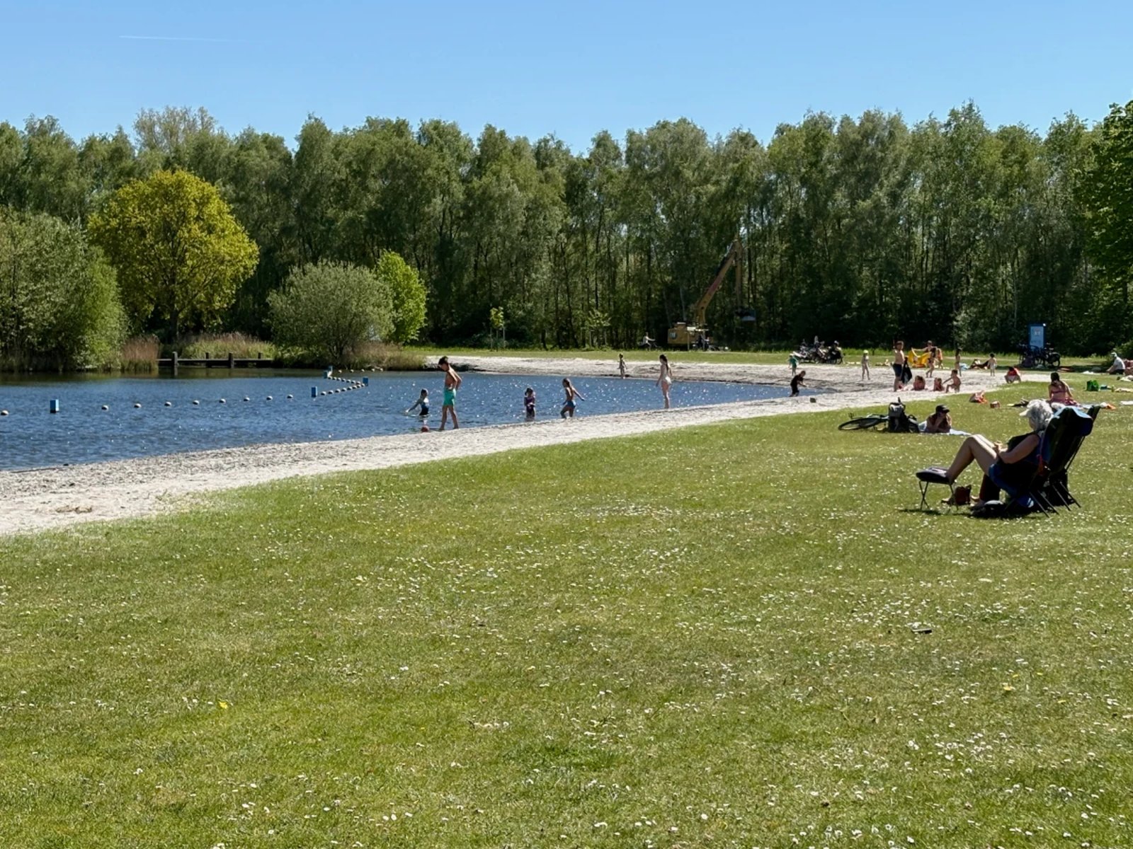 People on grassy lawn with narrow sandy beach next to lake and forest