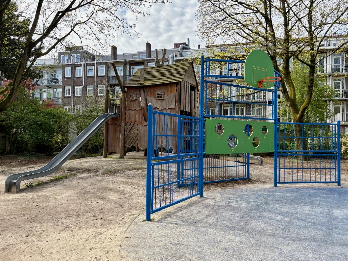 Blue and green children's basketball hoop with large wooden play house and slide behind