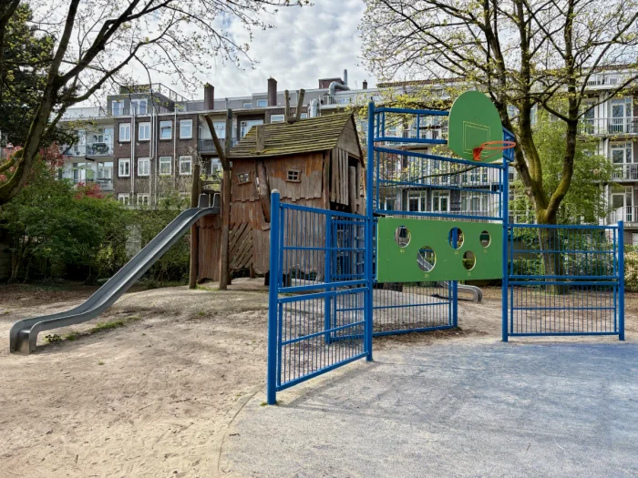 Blue and green children's basketball hoop with large wooden play house and slide behind