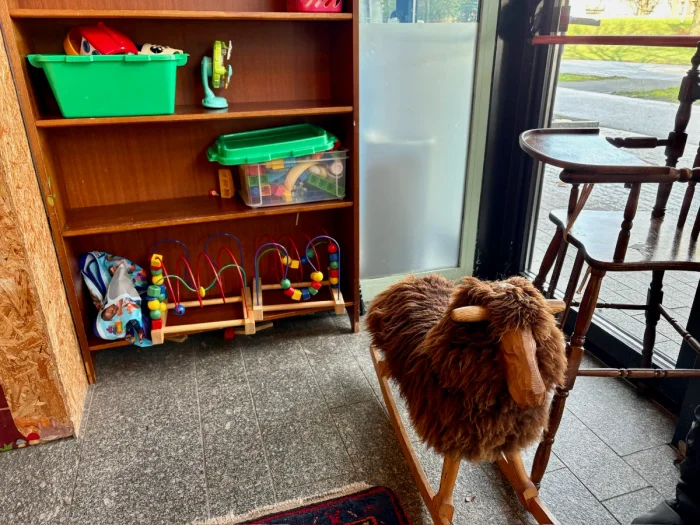 Small kids corner with wool-covered rocking sheep, high chair, and bookcase with toys