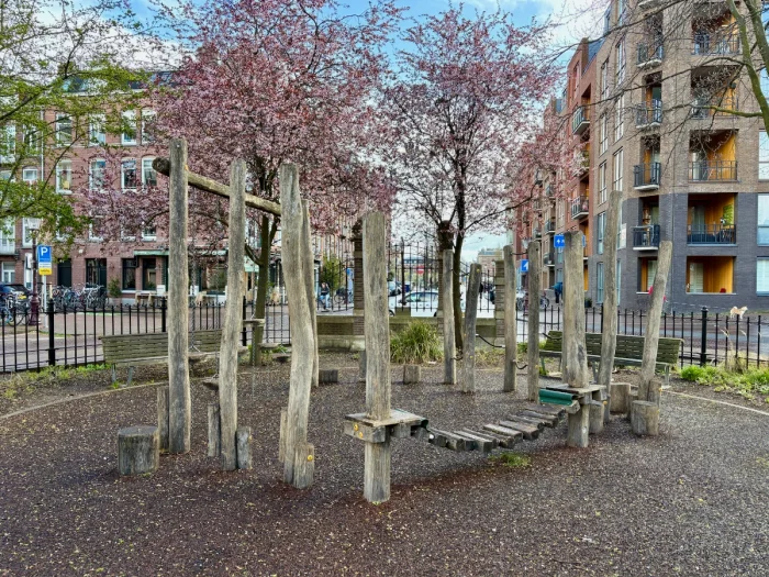 Wooden obstacle course for toddlers with ropes, bridges, stepping stones and pink flowering spring trees