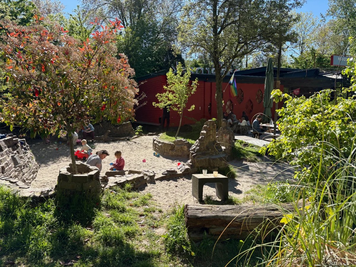 Kids playing in sunny sand box next to cafe with trees and picnic tables