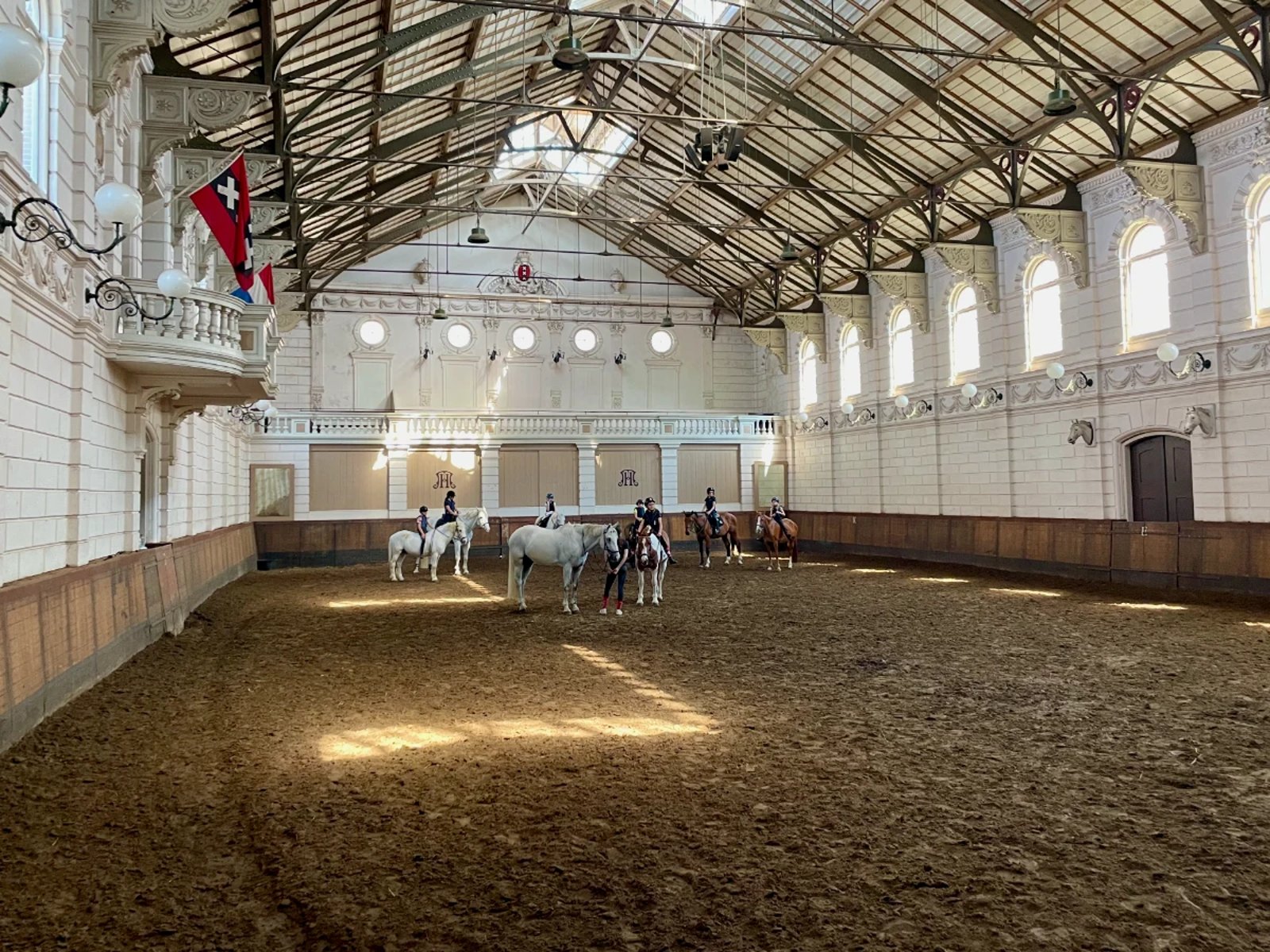 Historic riding hall with horses, dirt floor, vaulted ceiling and white walls with ornate details