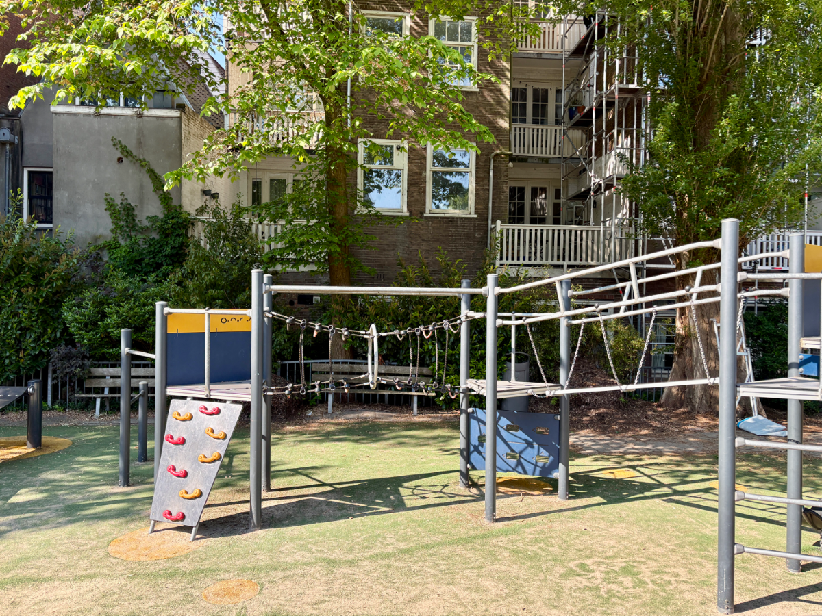 Modern play structure with climbing ramp, rope tunnel bridge, and ladder