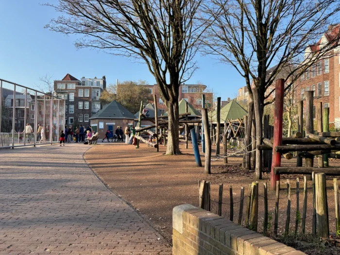 Playground at sunset with kids playing on large wooden obstacle course below large winter trees