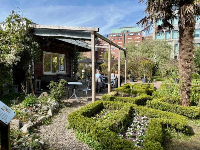Cafe with low hedge English garden and people on the sunny terrace