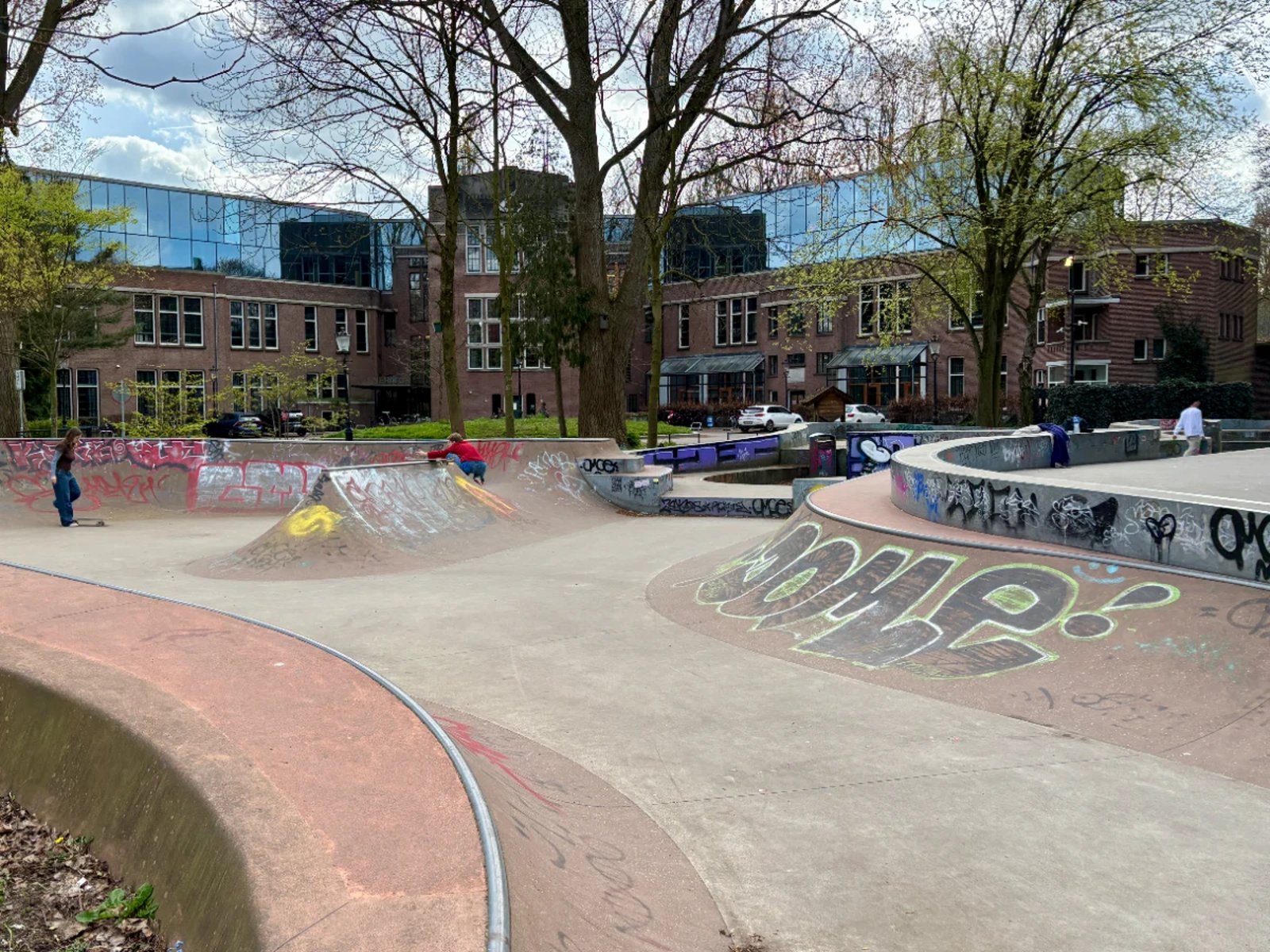 Kids skateboarding at urban skatepark with graffiti and large trees providing share