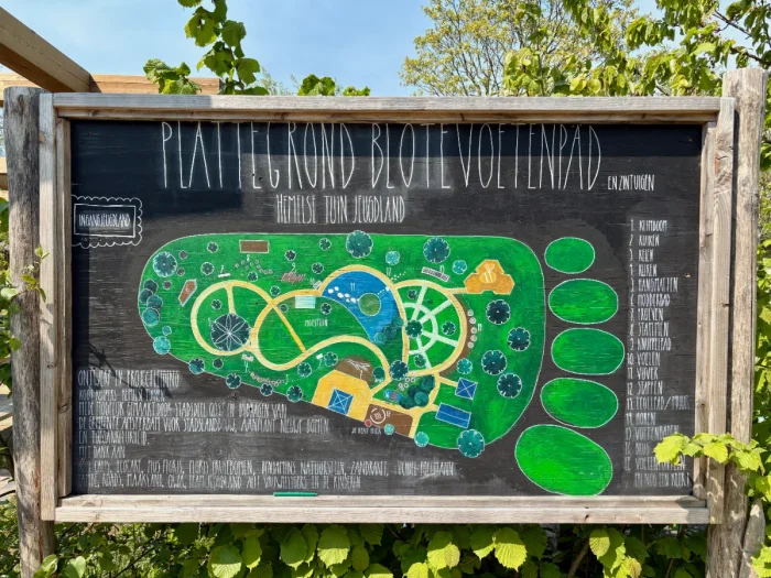 Wooden, hand-painted sign of barefoot path with map in the shape of a footprint