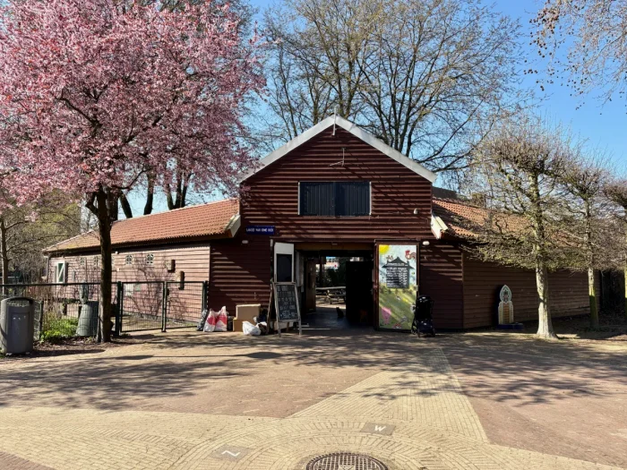 Large wooden barn with entrance doors open and tree with pink blossoms