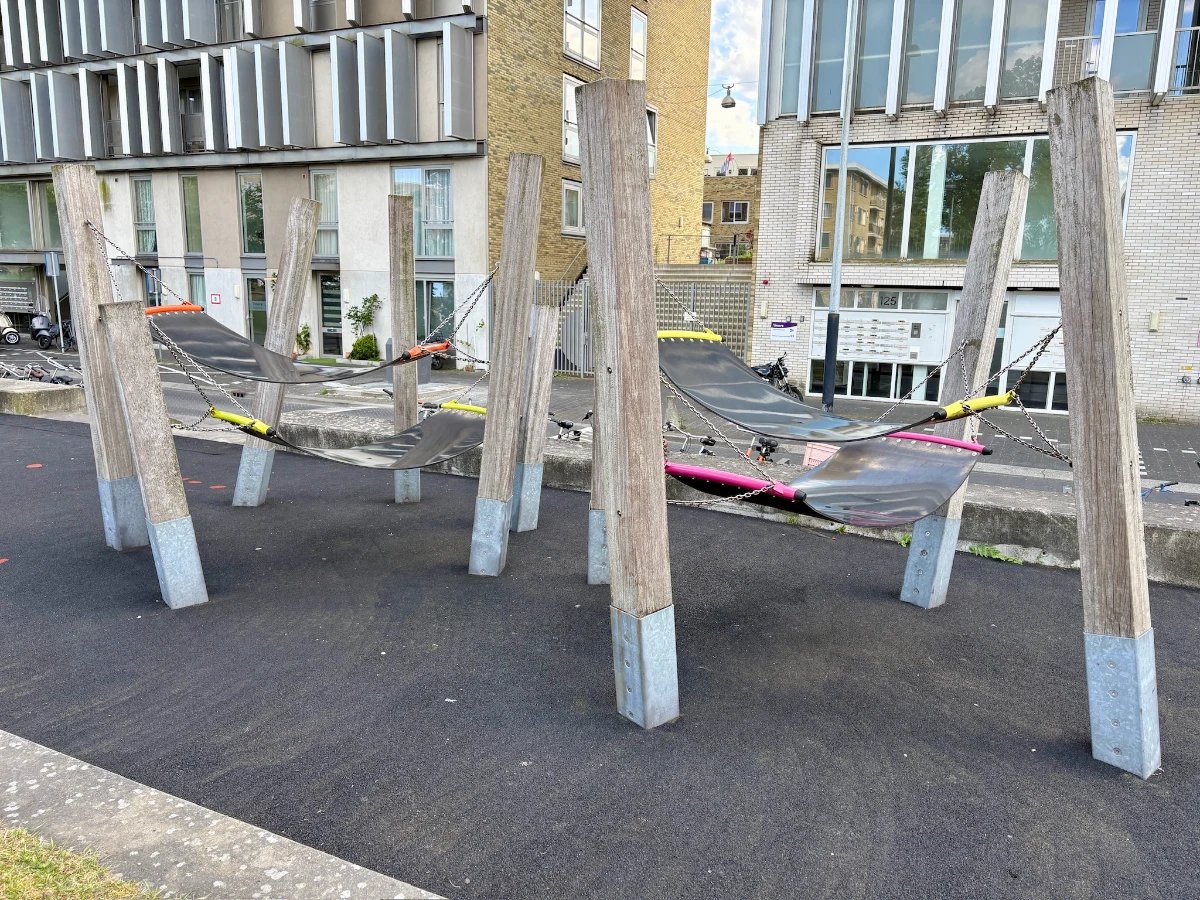 Rubber hammock forest with pink, yellow, orange accents and modern residential buildings behind