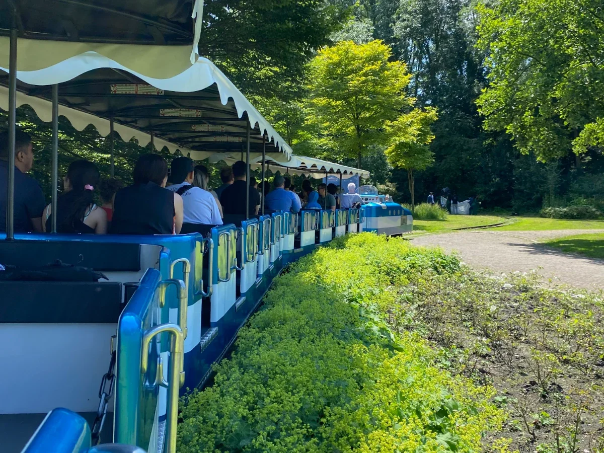 People riding on a blue and white open-air train through a green park