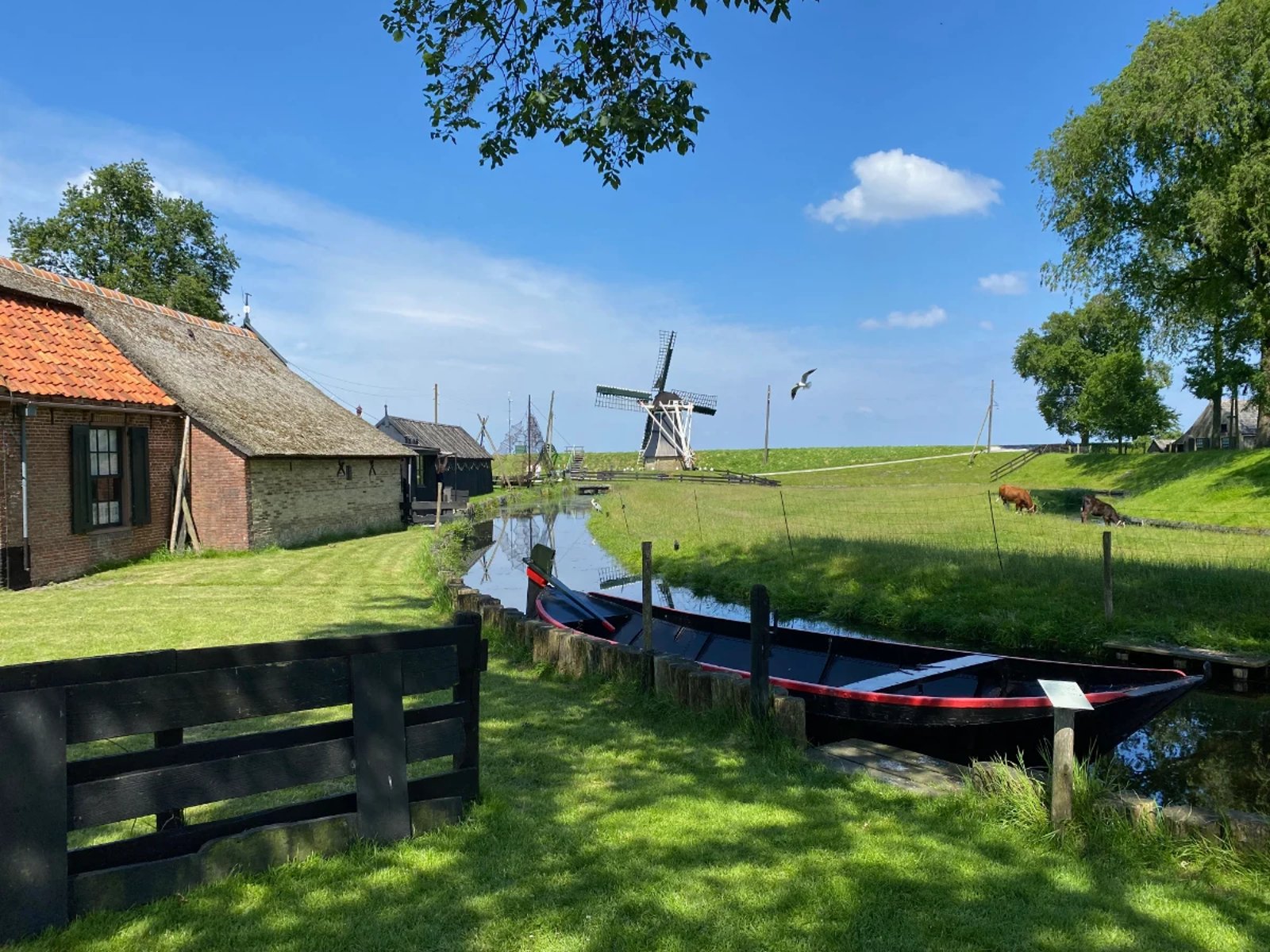 Wooden boat on a canal with farmhouses, windmill, trees, and green grass