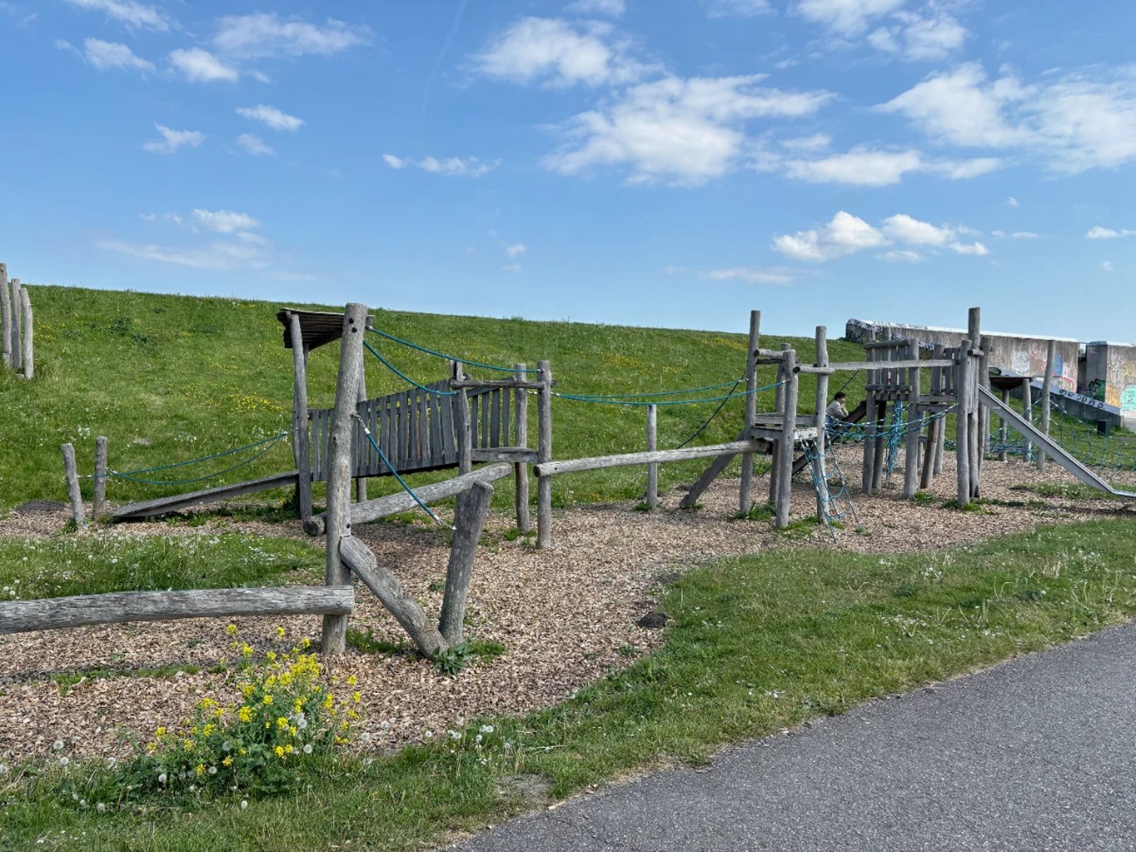 Natural wooden play structure with climbing nets and balance beam with grass knoll behind